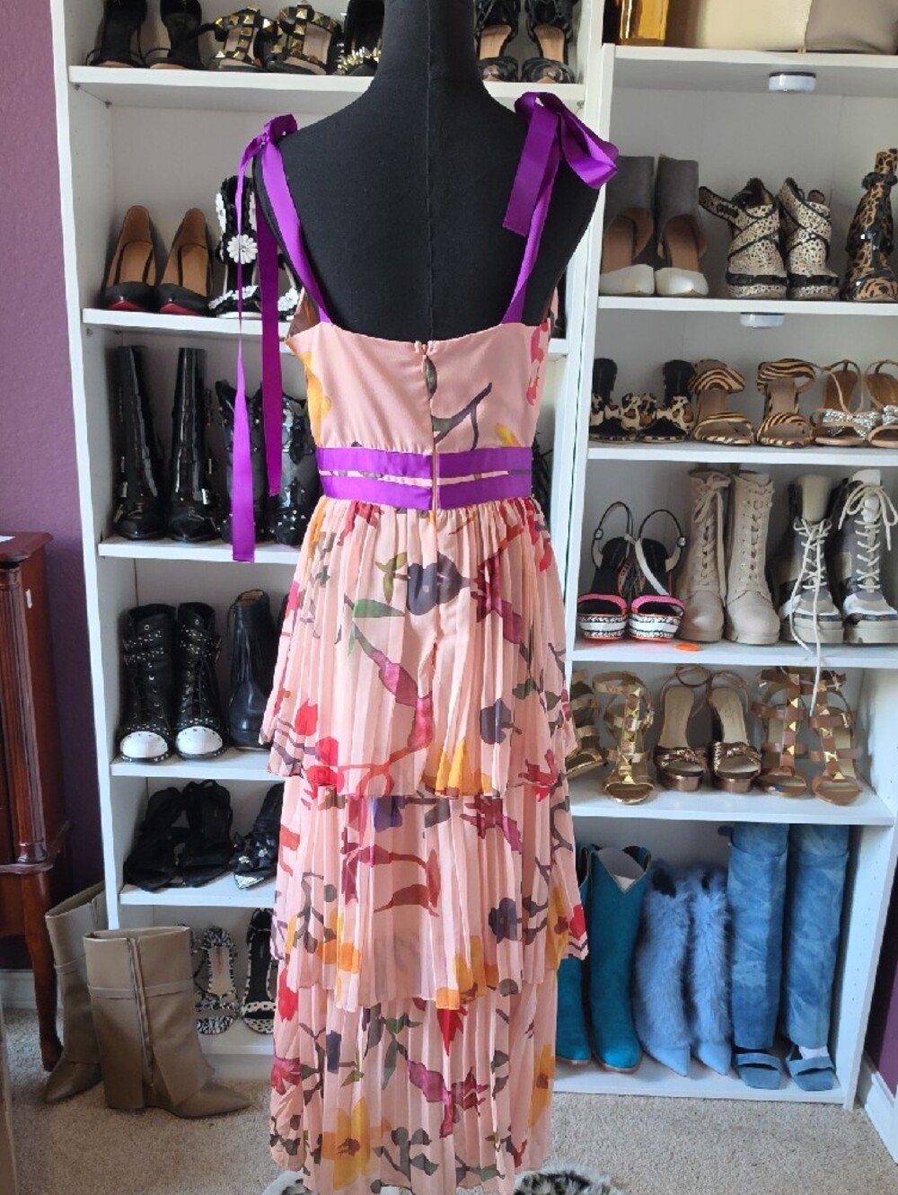 L'ATISTE Pink Floral Tiered Maxi Dress with Purple Trim - Picture 5 of 5